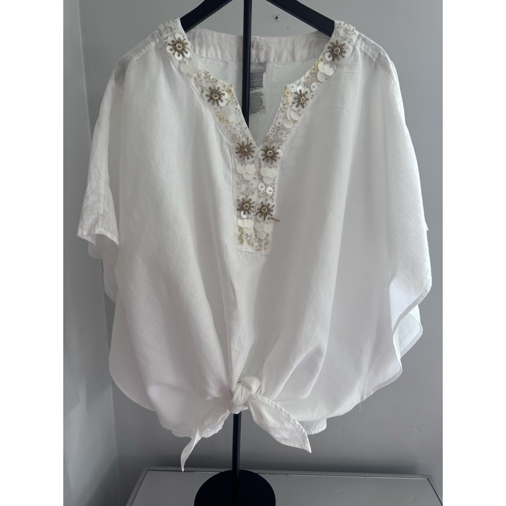 Chico's White Linen Blend Embellished Boho ‎ Tunic Top Women's 20/22 Tie Front